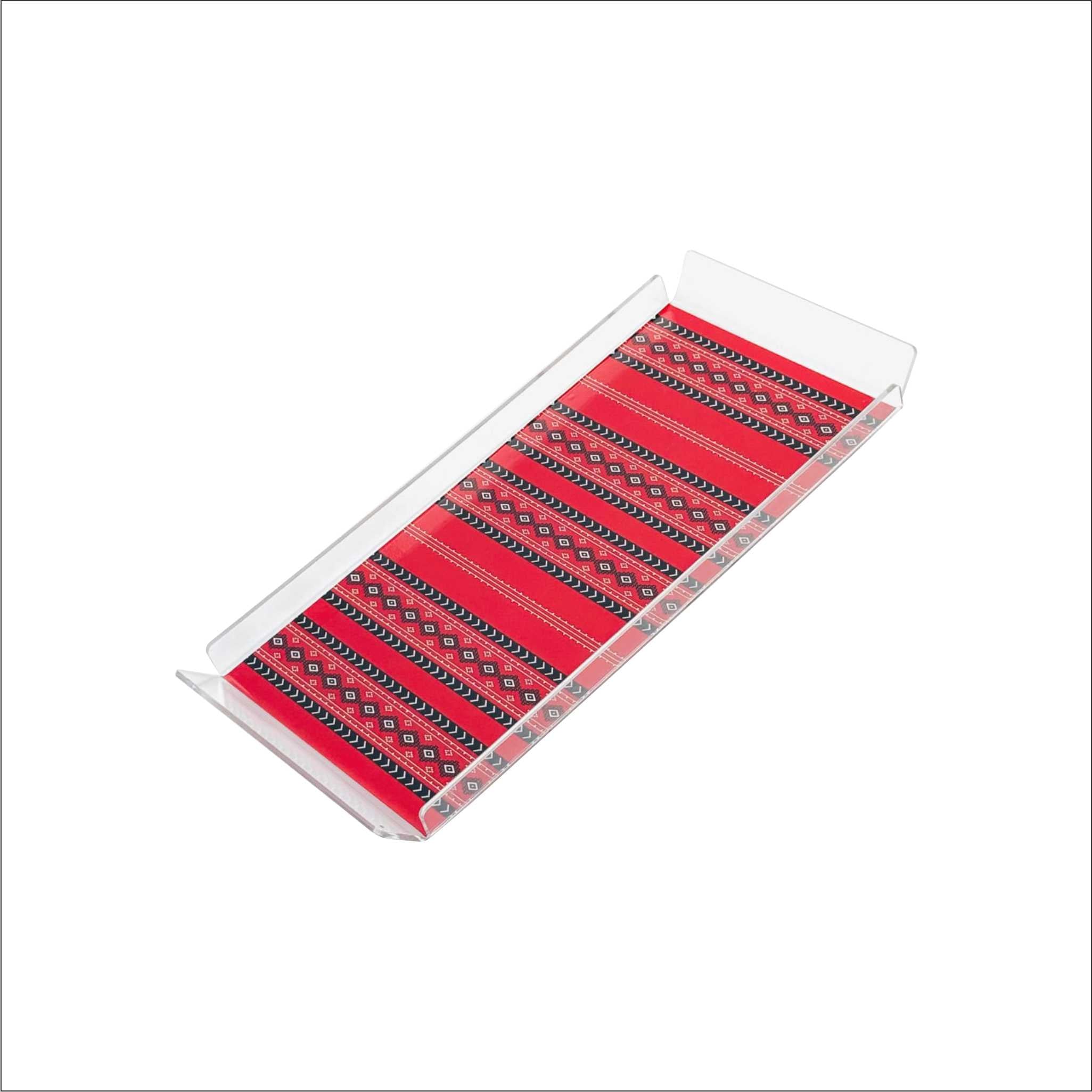 Clear acrylic tray with red Kuwaiti Sadu pattern – صينية أكريليك شفافة بنقشة السدو الكويتية الحمراء