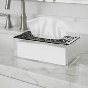 Acrylic tissue box in kuwait  – صندوق مناديل أكريليك بغطاء أسود مزخرف على سطح رخامي
