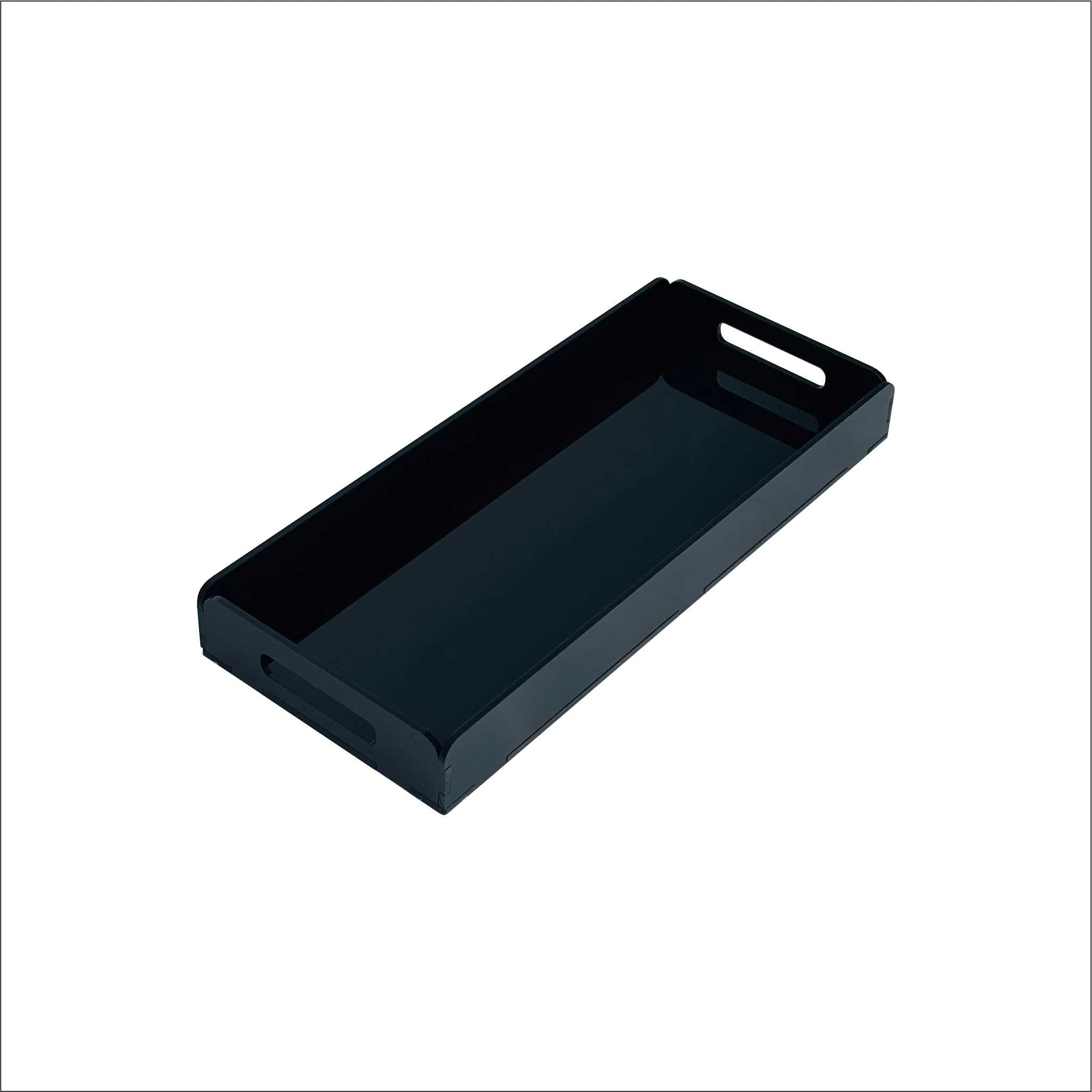 صينية تقديم أكريليك سوداء 35×15×3 سم بمقابض فتحات — مثالية للقهوة العربية في الكويت.