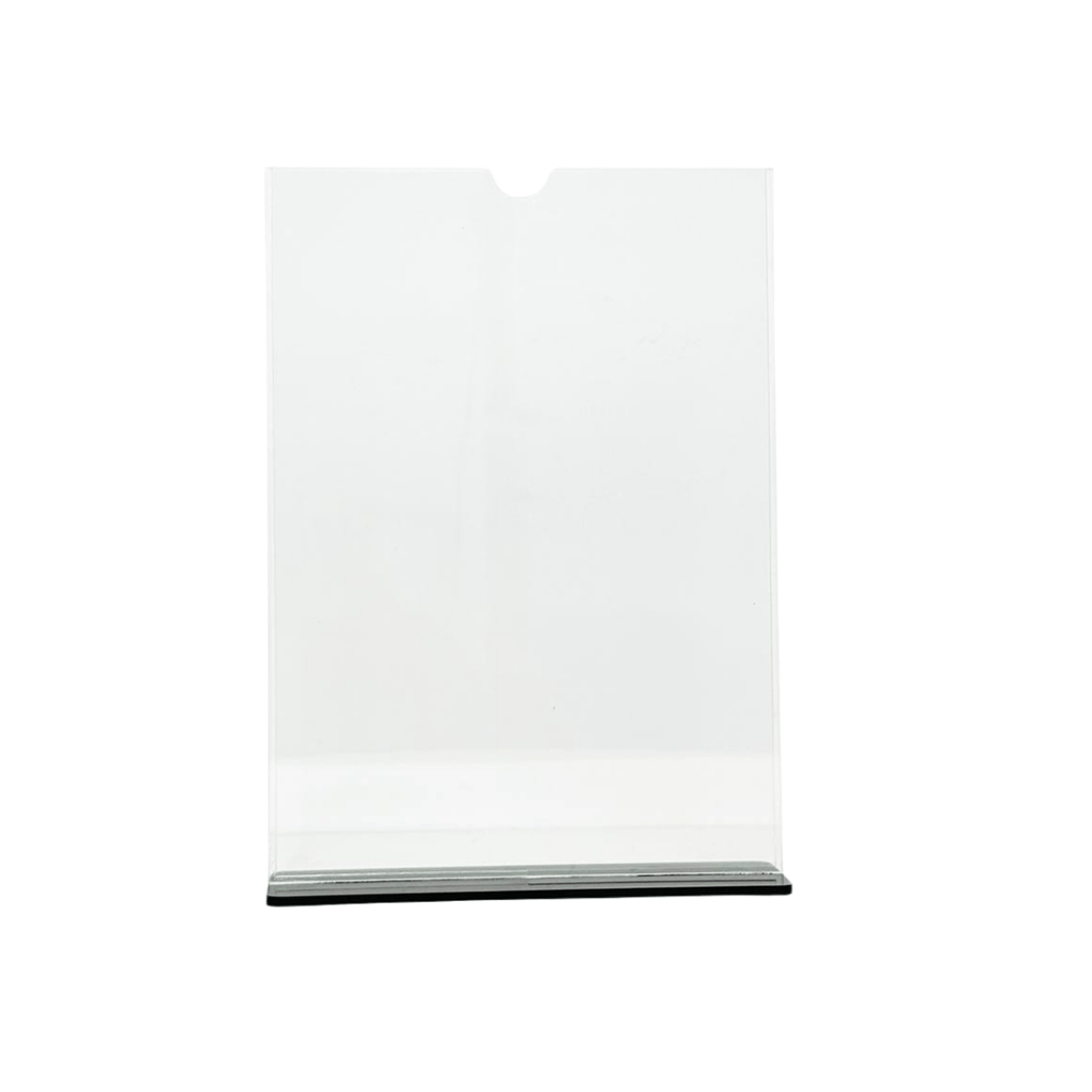 double-sided menu stand, plexiglass stand, perspex display, retail price list holder, office desk notice stand, QR code stand, restaurant table tent.