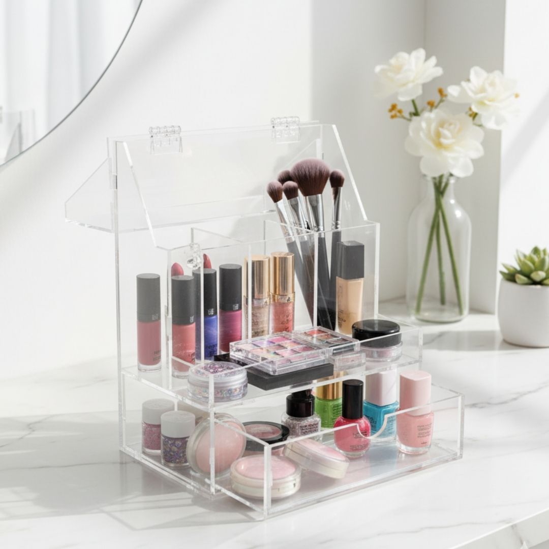 Clear acrylic makeup organizer with various cosmetic items on a white surface.