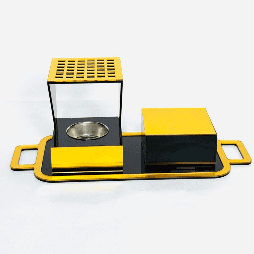 Luxury acrylic bukhoor set with tray — modern black and mirror-gold Arabic incense burner with storage box, displayed on a white background.