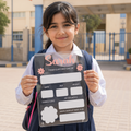Custom personalized acrylic First Day of School sign board held by a young Kuwaiti schoolgirl in front of a school in Kuwait.
العربية: لوحة أكريليك مخصصة لليوم الأول من المدرسة تحمل اسم الطفل، تمسك بها طالبة كويتية صغيرة أمام مدرسة في الكويت.