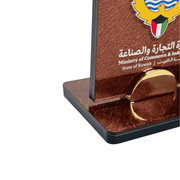 Angled view of custom desk name sign with non-slip base for office desks