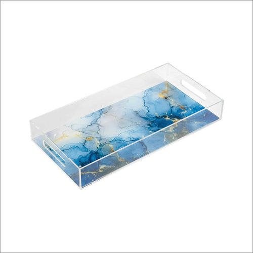Clear acrylic chocolate serving tray with blue marble design – صينية شوكولاتة أكريليك بتصميم رخامي أزرق من إيبلكسي الكويت