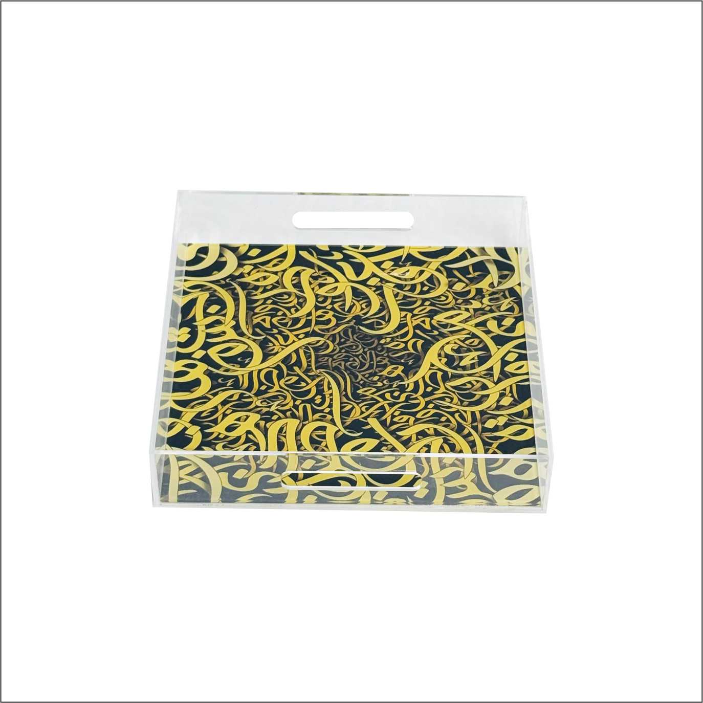 Clear acrylic tray with gold Arabic calligraphy design – صينية أكريليك شفافة بنقشة الخط العربي الذهبي