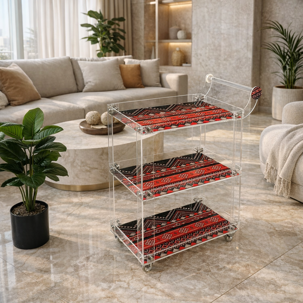 Sadu Patterned Acrylic Trolley with Wheels & Handle – Premium Clear Acrylic (80×60×40 cm)  5 MM Thickness