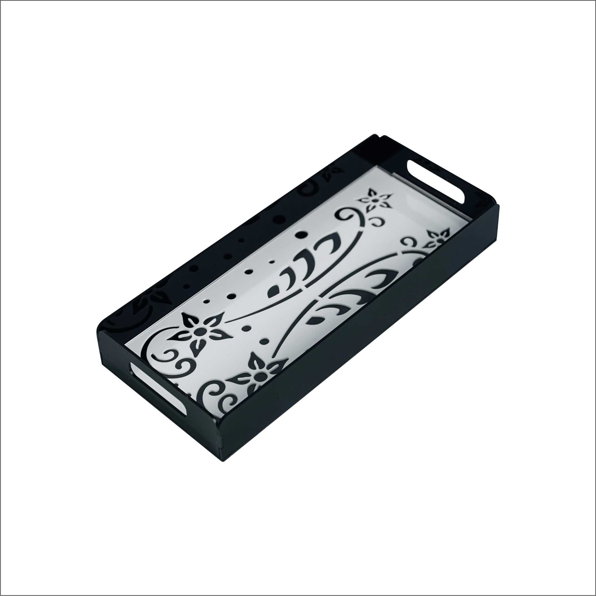 Black decorative tray with Arabic calligraphy on a white background