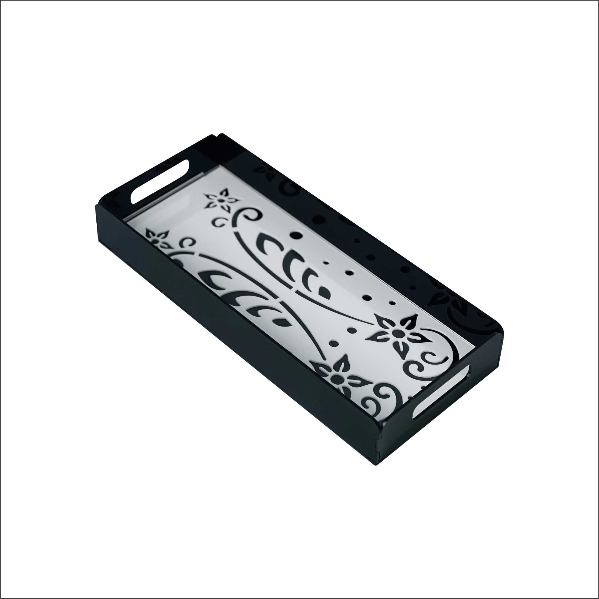 Premium Black Acrylic Serving Tray with White Pattern|Small | Luxury Design | 35 × 15 × 5 CM
