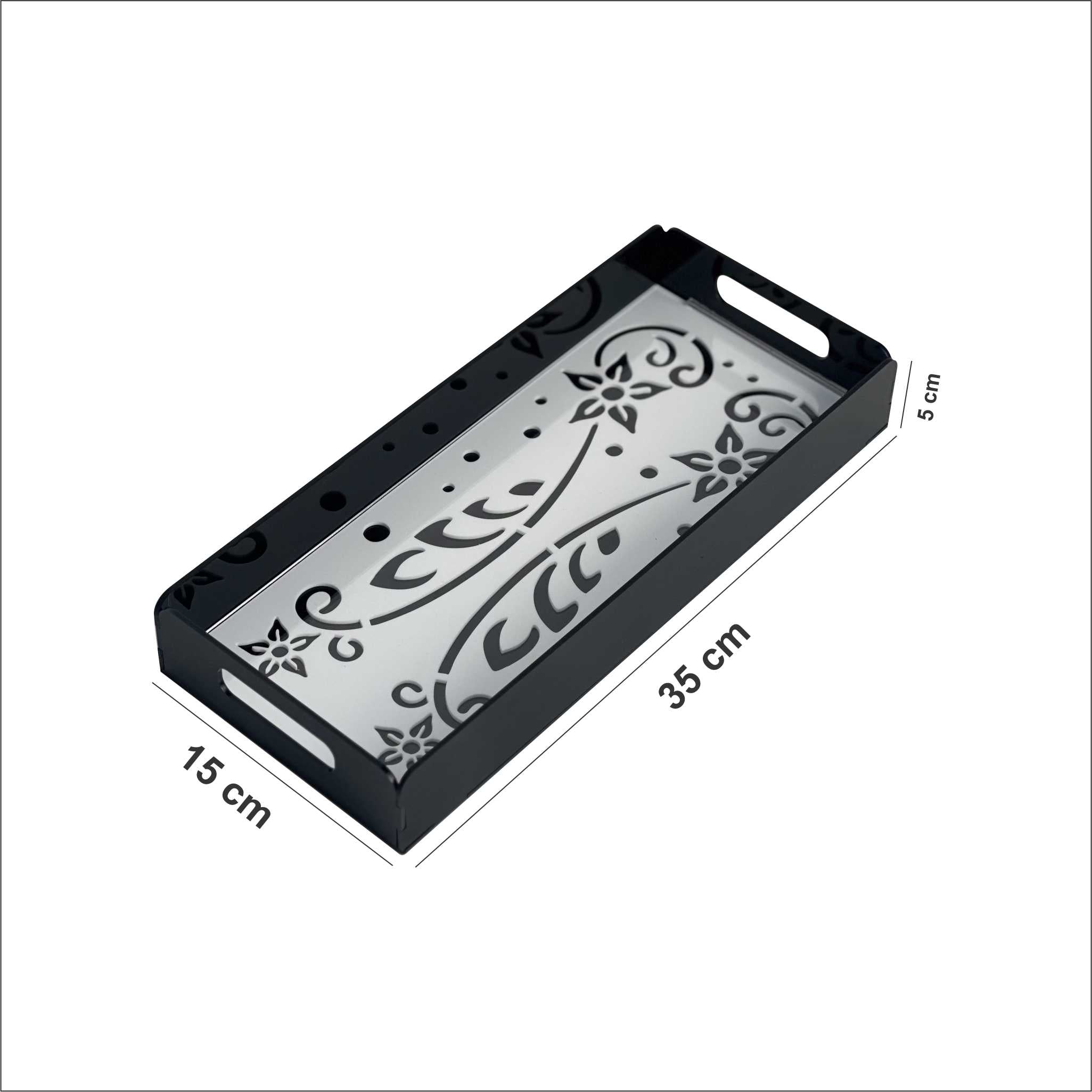 Premium Black Acrylic Serving Tray with White Pattern|Small | Luxury Design | 35 × 15 × 5 CM