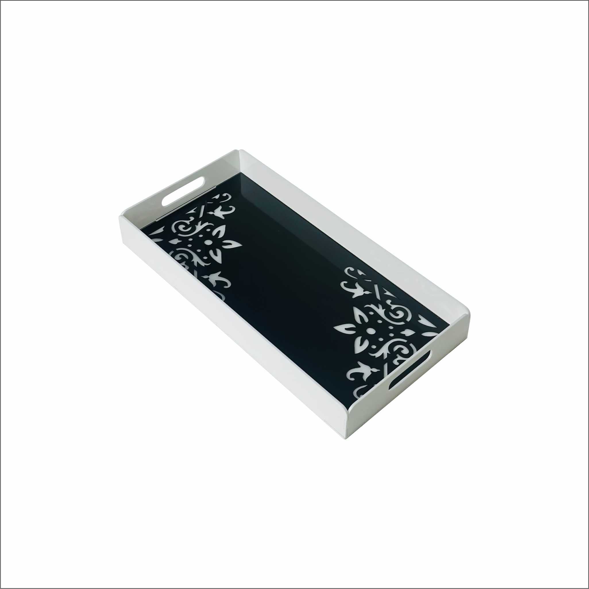 Premium White Acrylic Serving Tray – Black Pattern (Medium, 40×20×5 cm)