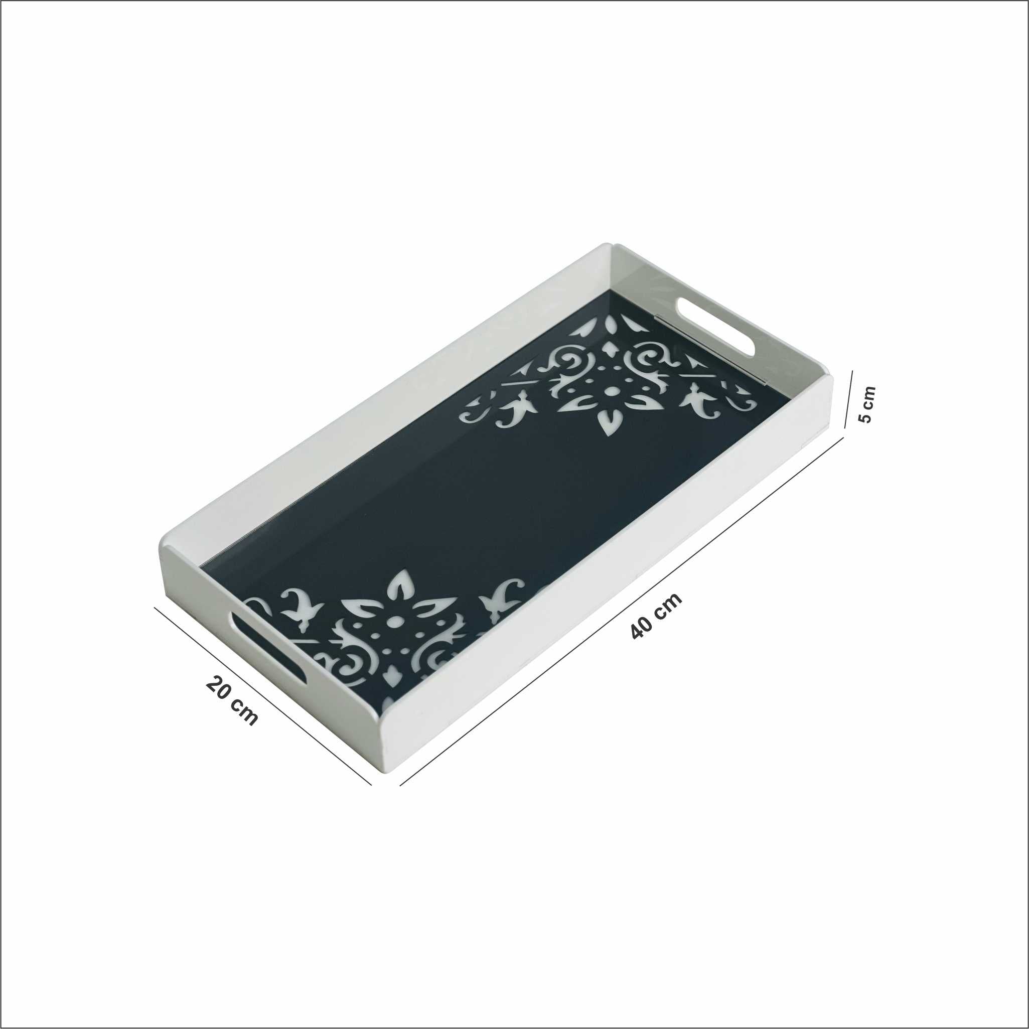 Premium White Acrylic Serving Tray – Black Pattern (Medium, 40×20×5 cm)