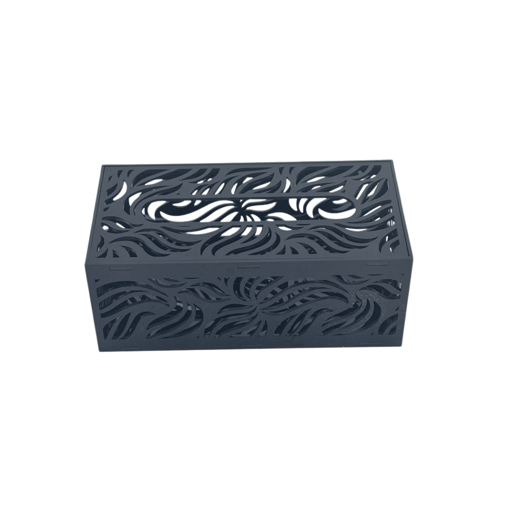 Black laser-cut acrylic tissue box with elegant patterned design – علبة مناديل أكريليك مزخرفة فاخرة