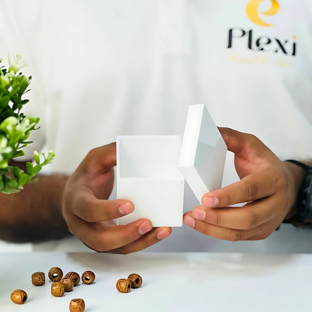 Premium plexi chocolate box, glossy white finish, custom sizes — buy online Kuwait