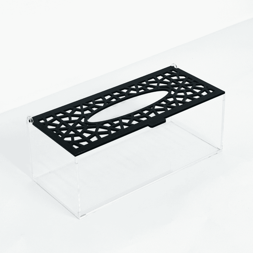 Plexi tissue box with black laser-cut lid – صندوق مناديل بلكسي بغطاء مقطوع بالليزر باللون الأسود