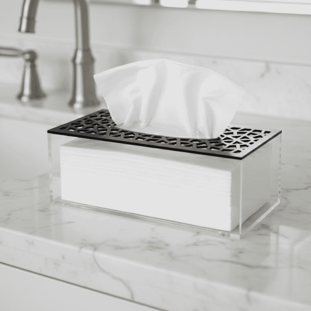 Acrylic tissue box in kuwait  – صندوق مناديل أكريليك بغطاء أسود مزخرف على سطح رخامي