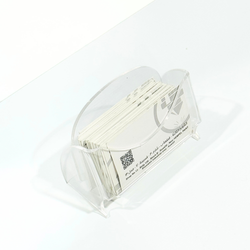 Plexiglass business card holder on white background – modern acrylic card display stand for retail counters and offices

