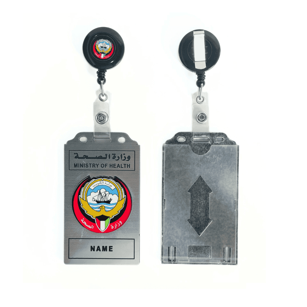 Durable double-sided ID card for office, school, or hospital use – بطاقة تعريف متينة ذات وجهين للاستخدام في المكتب أو المدرسة أو المستشفى"