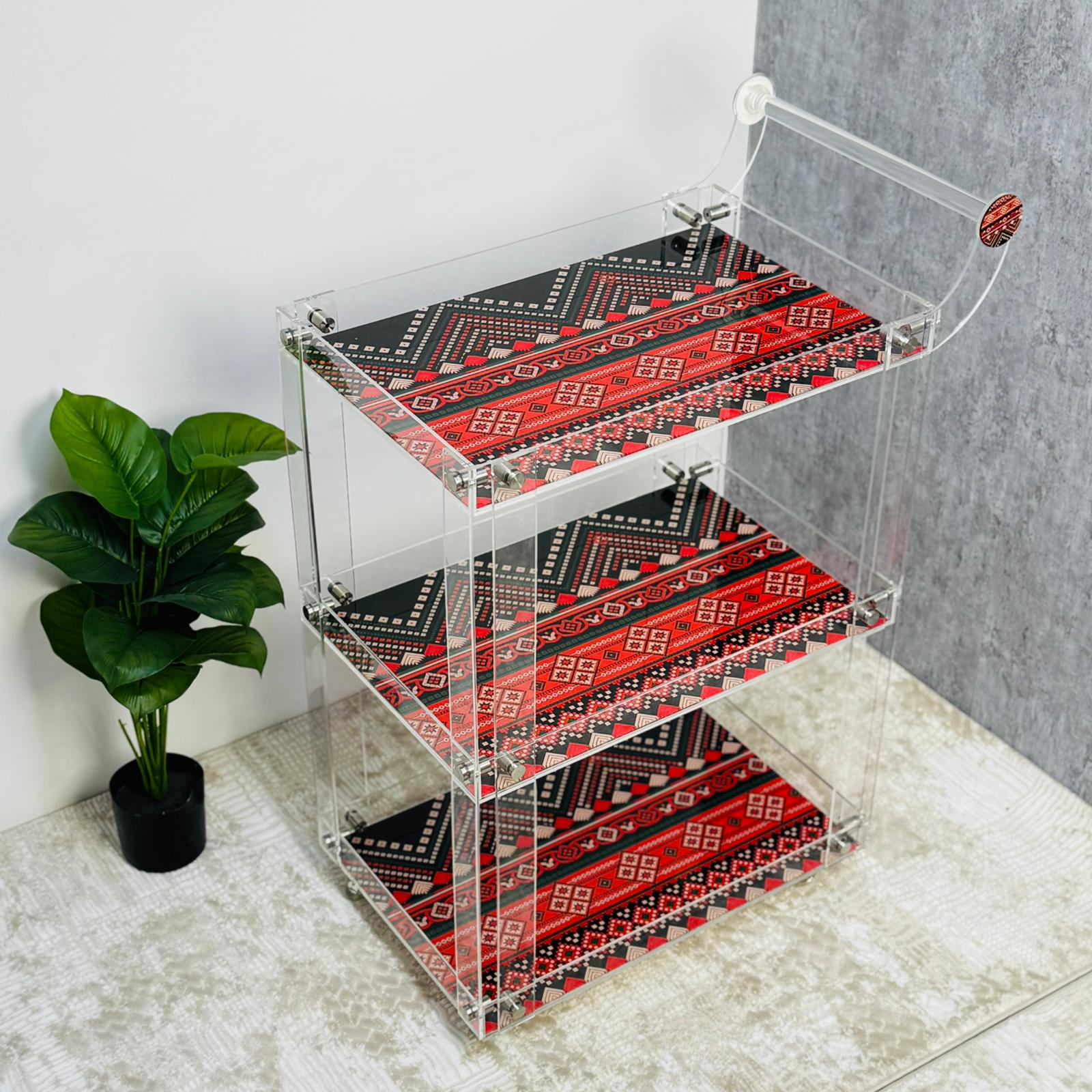 عربة أكريليك بنقشة سادو مزودة بعجلات ومقبض - أكريليك شفاف فاخر (80×60×40 سم) بسماكة 5 مم