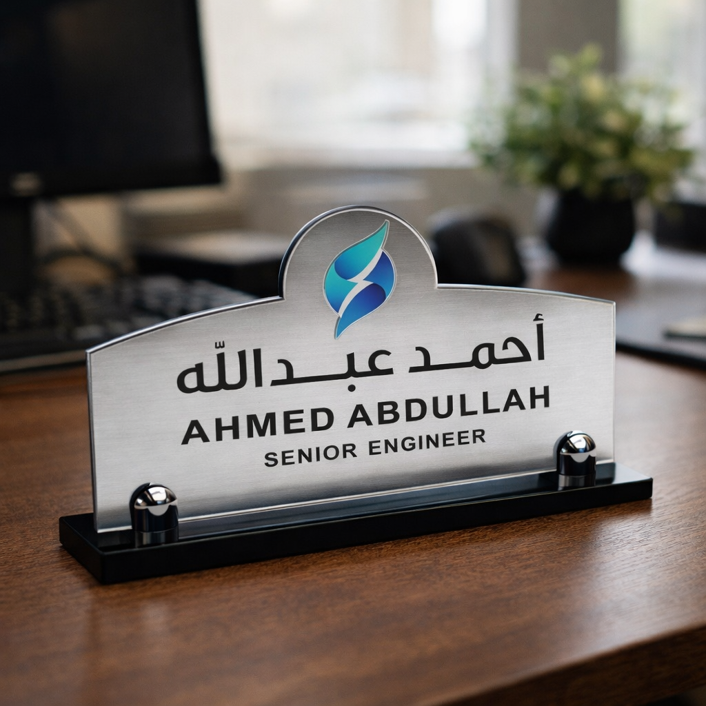 Premium customizable desk name plate in Kuwait | لوحة اسم مكتبية فاخرة مخصصة للمكاتب مع قاعدة مانعة للانزلاق