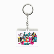 Best Teacher Ever colorful acrylic keychain gift for teachers in Kuwait – white background with flowers, books, and school icons.